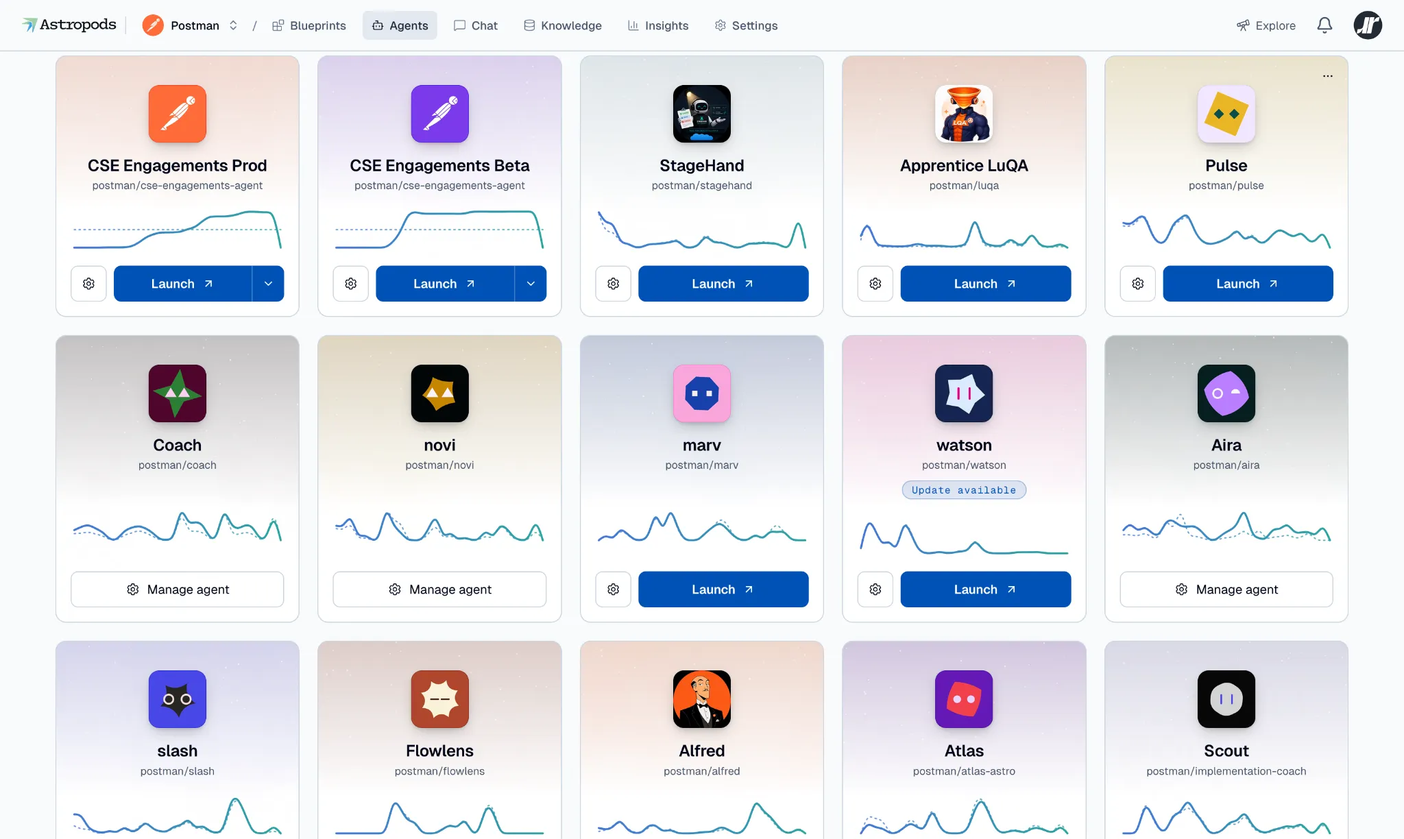 The agents dashboard on Astro. One screen answers questions like which agents are deployed and whether they're in use, at a glance. You don't have to guess. And you can drill down for details.