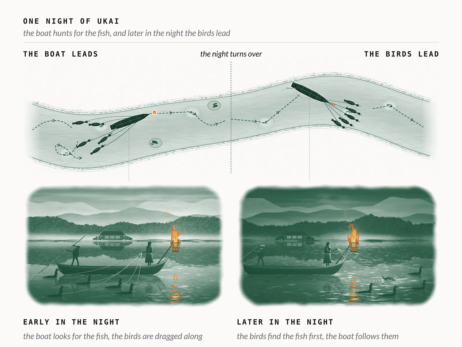Fig. 27: Early in the night the boat searches the river with the cormorants trailing on their cords, and later the birds find the fish first and the boat follows.